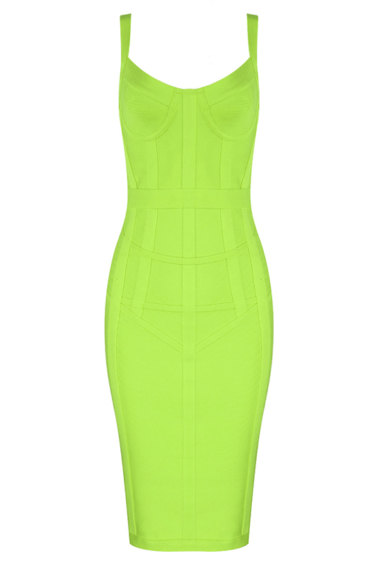 Woman wearing a figure flattering  Pip Bandage Corset Dress - Neon Green Bodycon Collection