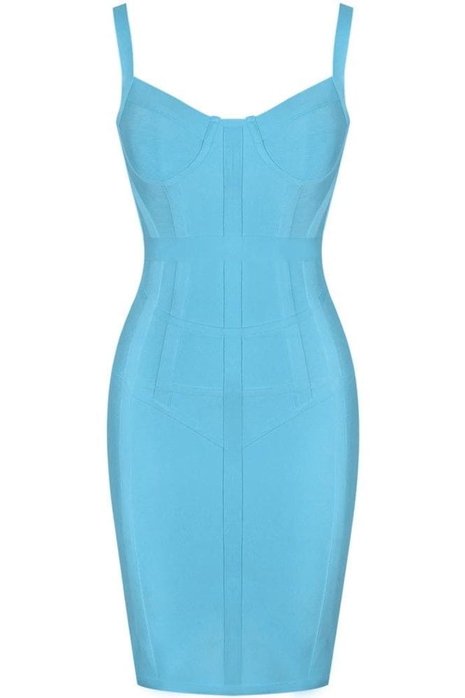 Woman wearing a figure flattering  Pip Bandage Corset Dress - Sky Blue Bodycon Collection