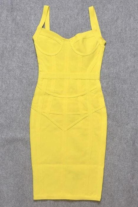 Woman wearing a figure flattering  Pip Bandage Corset Dress - Sun Yellow Bodycon Collection