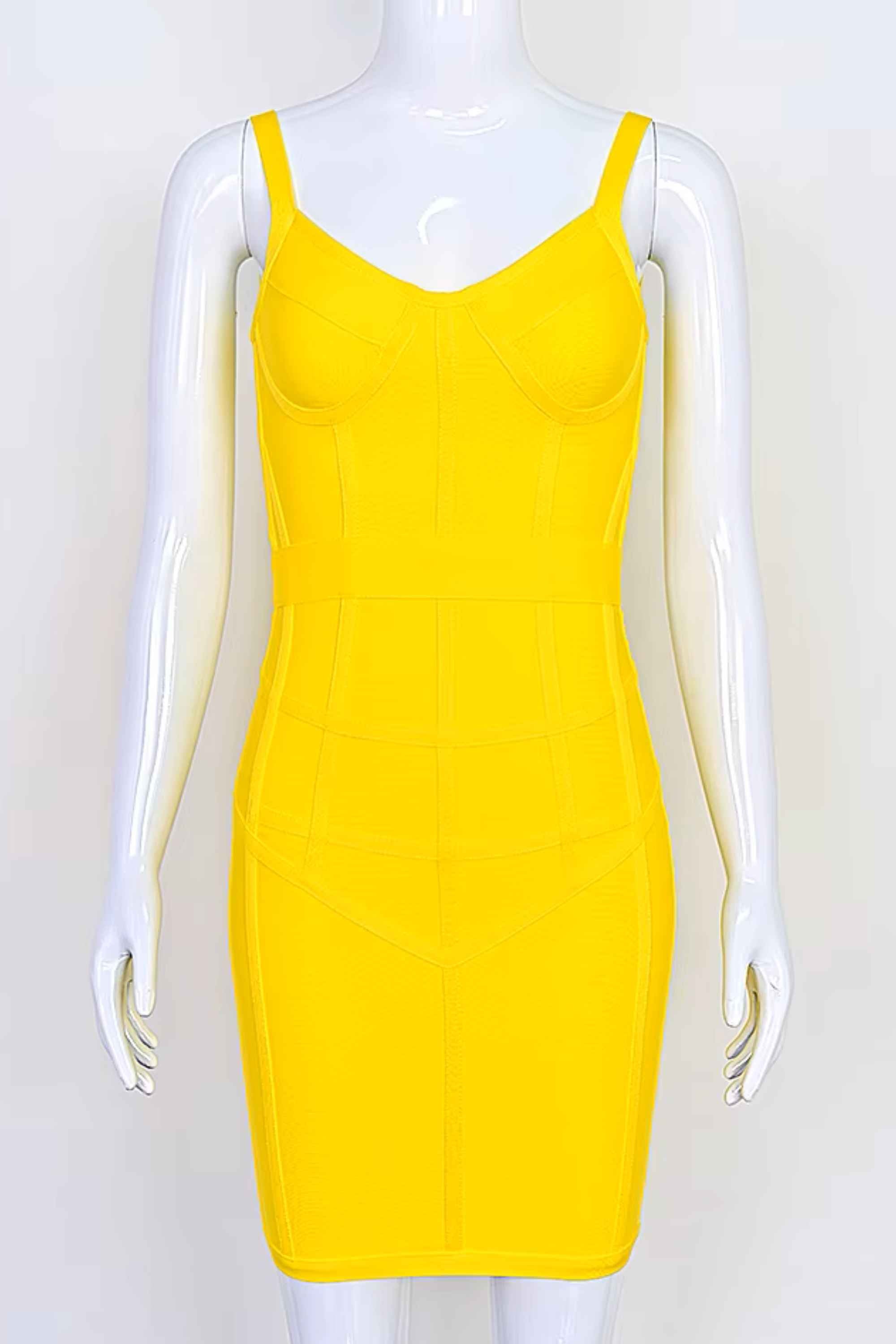 Woman wearing a figure flattering  Pip Bandage Mini Dress - Sun Yellow BODYCON COLLECTION