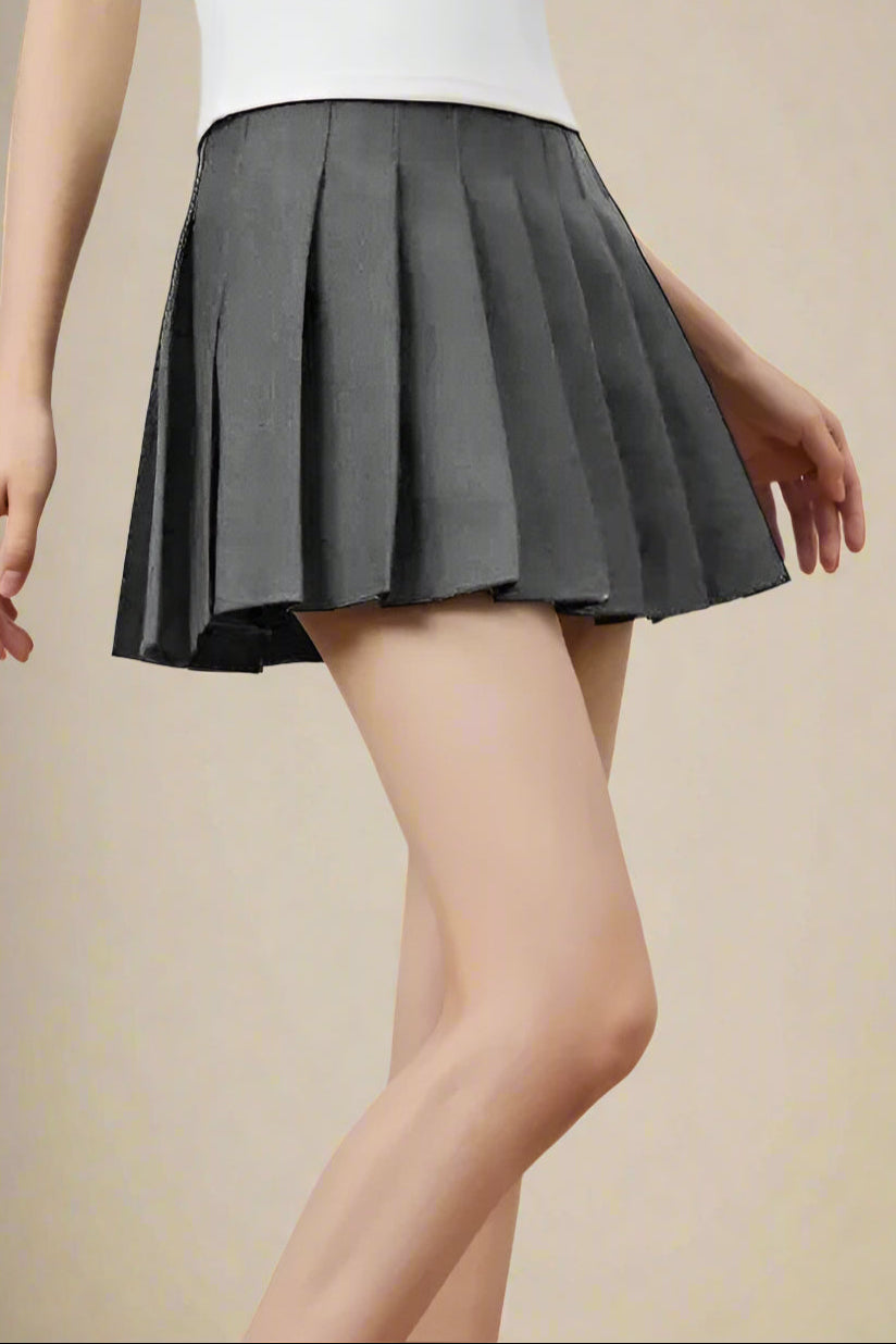 Woman wearing a figure flattering  Pleated Mini Skirt - Grey BODYCON COLLECTION Pty Ltd