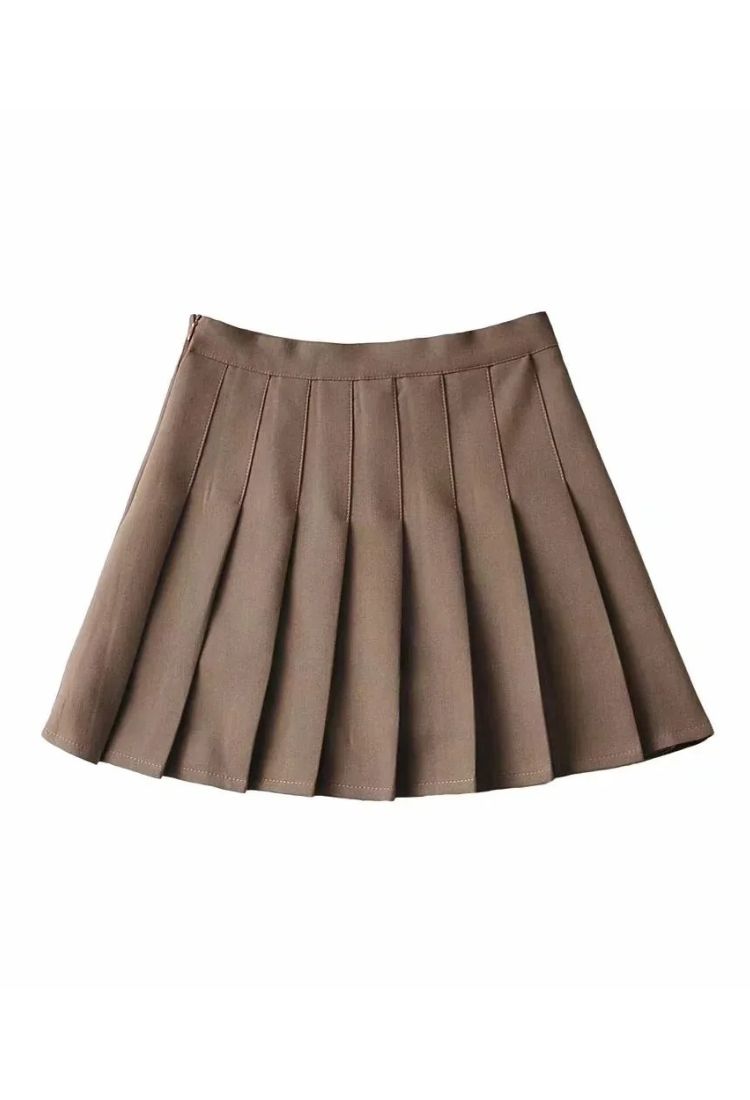 Woman wearing a figure flattering  Pleated Mini Skirt - Tan Brown BODYCON COLLECTION Pty Ltd