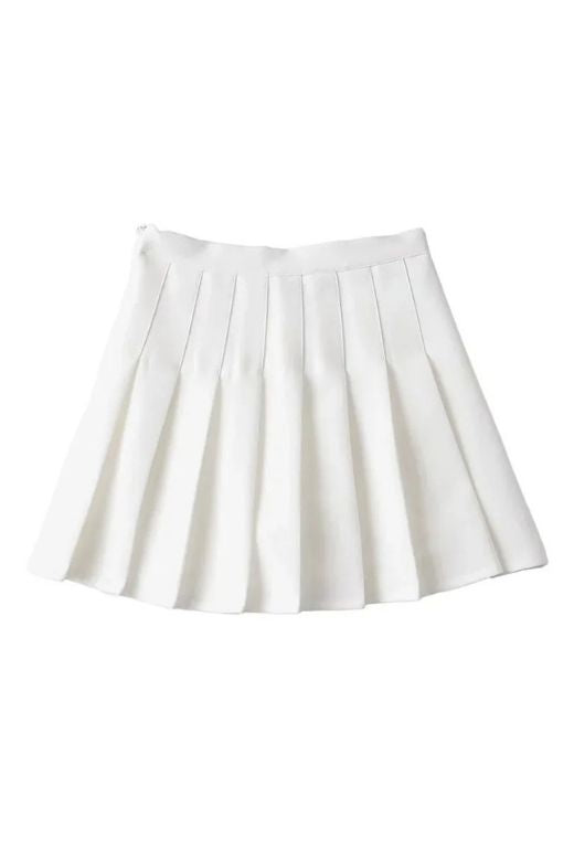 Woman wearing a figure flattering  Pleated Mini Skirt - White Pearl BODYCON COLLECTION Pty Ltd
