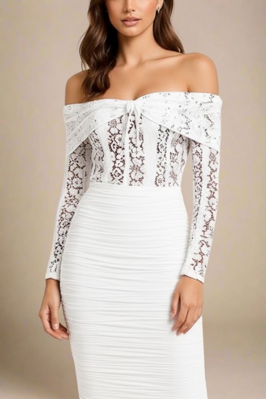 Woman wearing a figure flattering  Rose Long Sleeve Top - White Pearl BODYCON COLLECTION
