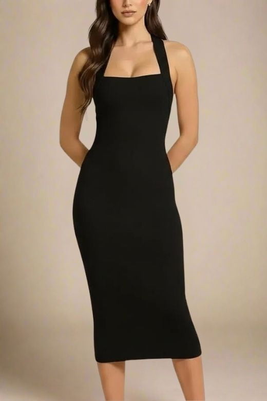 Woman wearing a figure flattering  Raya Bodycon Midi Dress - Classic Black BODYCON COLLECTION Pty Ltd