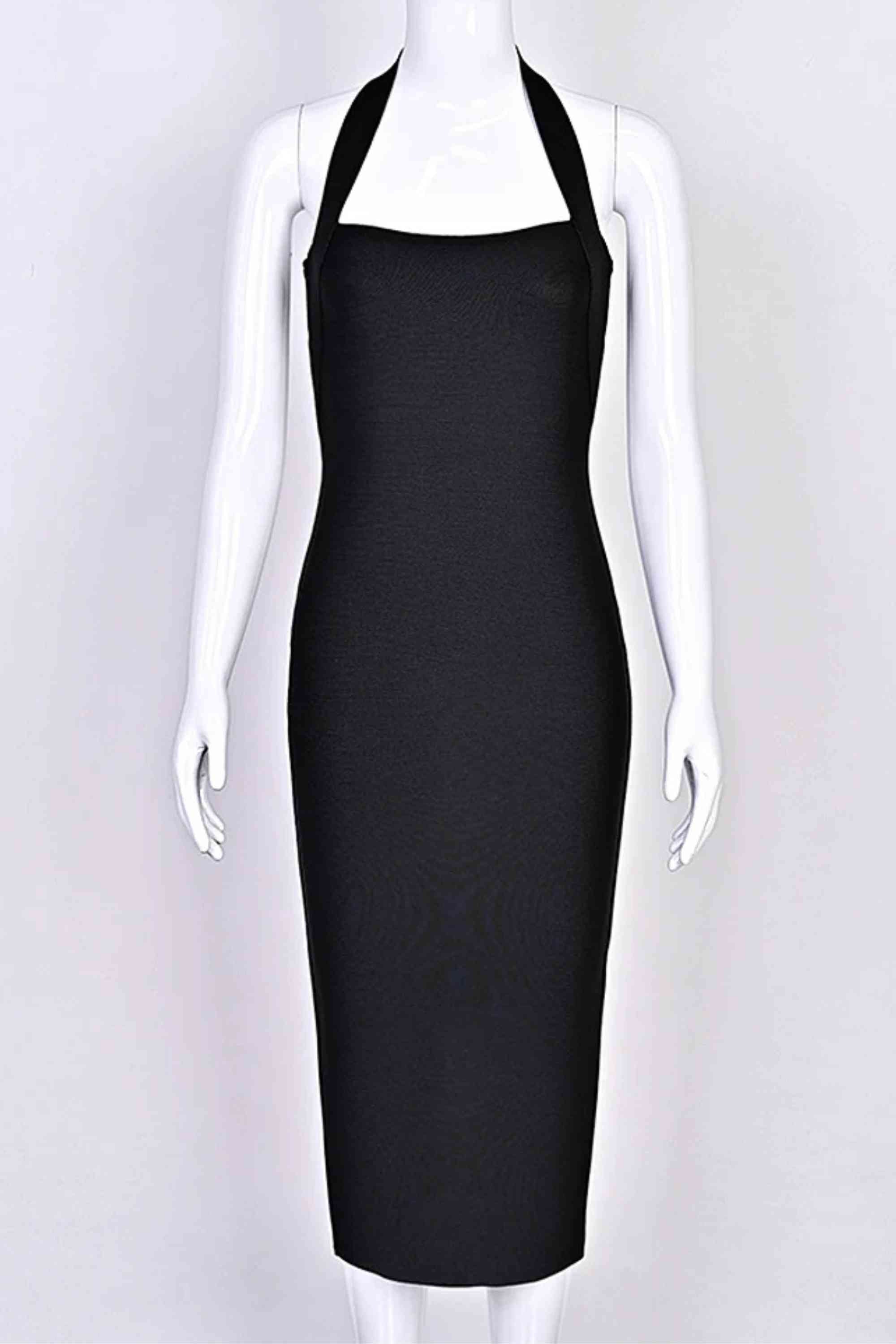 Woman wearing a figure flattering  Raya Bodycon Midi Dress - Classic Black BODYCON COLLECTION Pty Ltd