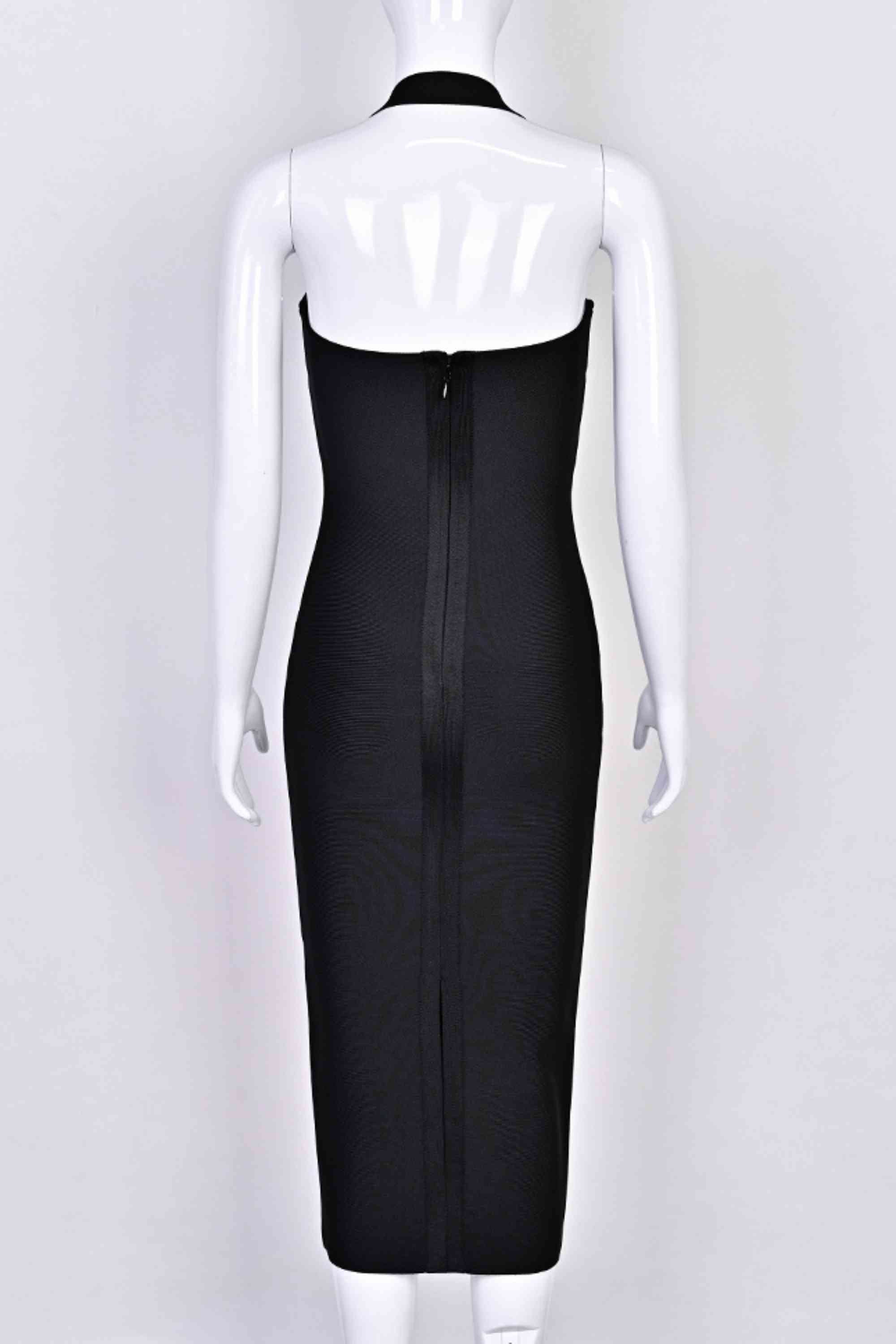 Woman wearing a figure flattering  Raya Bodycon Midi Dress - Classic Black BODYCON COLLECTION Pty Ltd