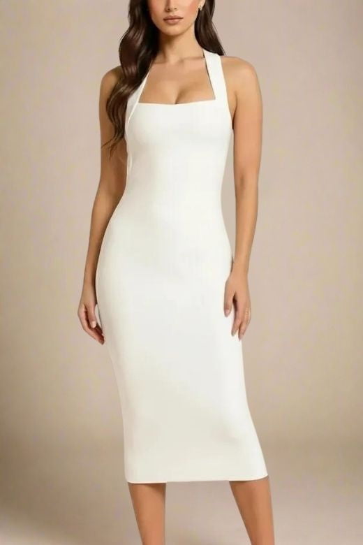 Woman wearing a figure flattering  Raya Bodycon Midi Dress - White Pearl BODYCON COLLECTION Pty Ltd