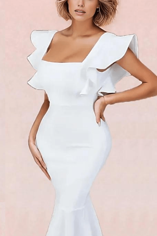 Woman wearing a figure flattering  Rhea Bodycon Midi Dress - Pearl White BODYCON COLLECTION