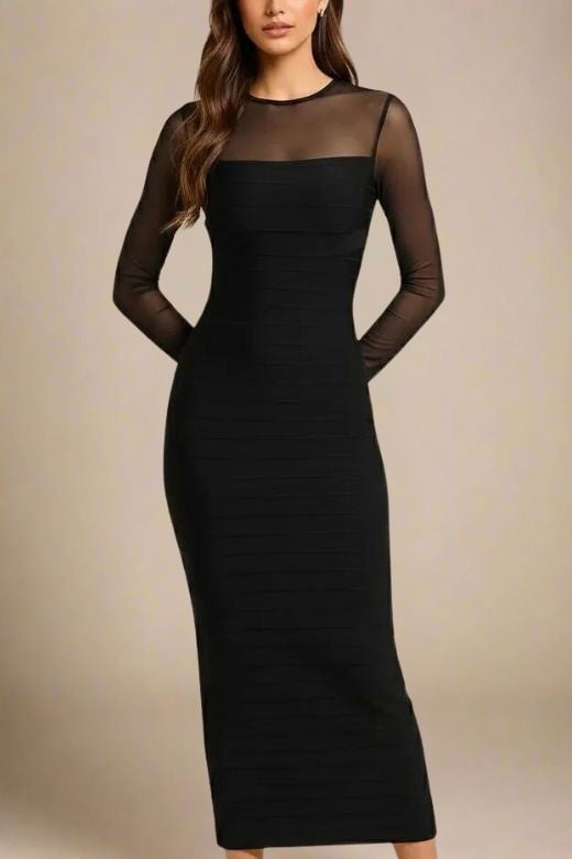 Woman wearing a figure flattering  Robin Long Sleeve Bandage Maxi Dress - Classic Black BODYCON COLLECTION Pty Ltd