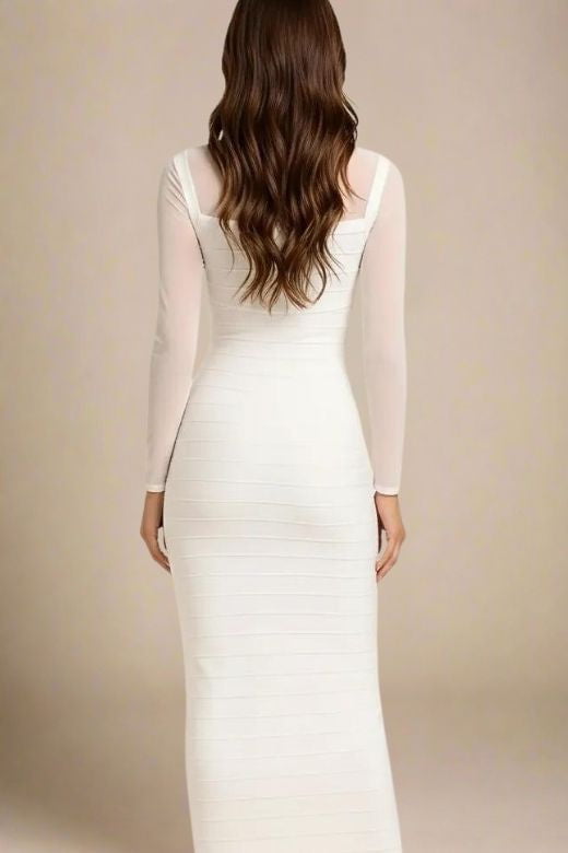 Woman wearing a figure flattering  Robin Long Sleeve Bandage Maxi Dress - White Pearl BODYCON COLLECTION Pty Ltd