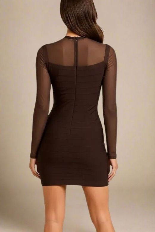 Woman wearing a figure flattering  Robin Long Sleeve Bandage Mini Dress - Tan Brown BODYCON COLLECTION Pty Ltd
