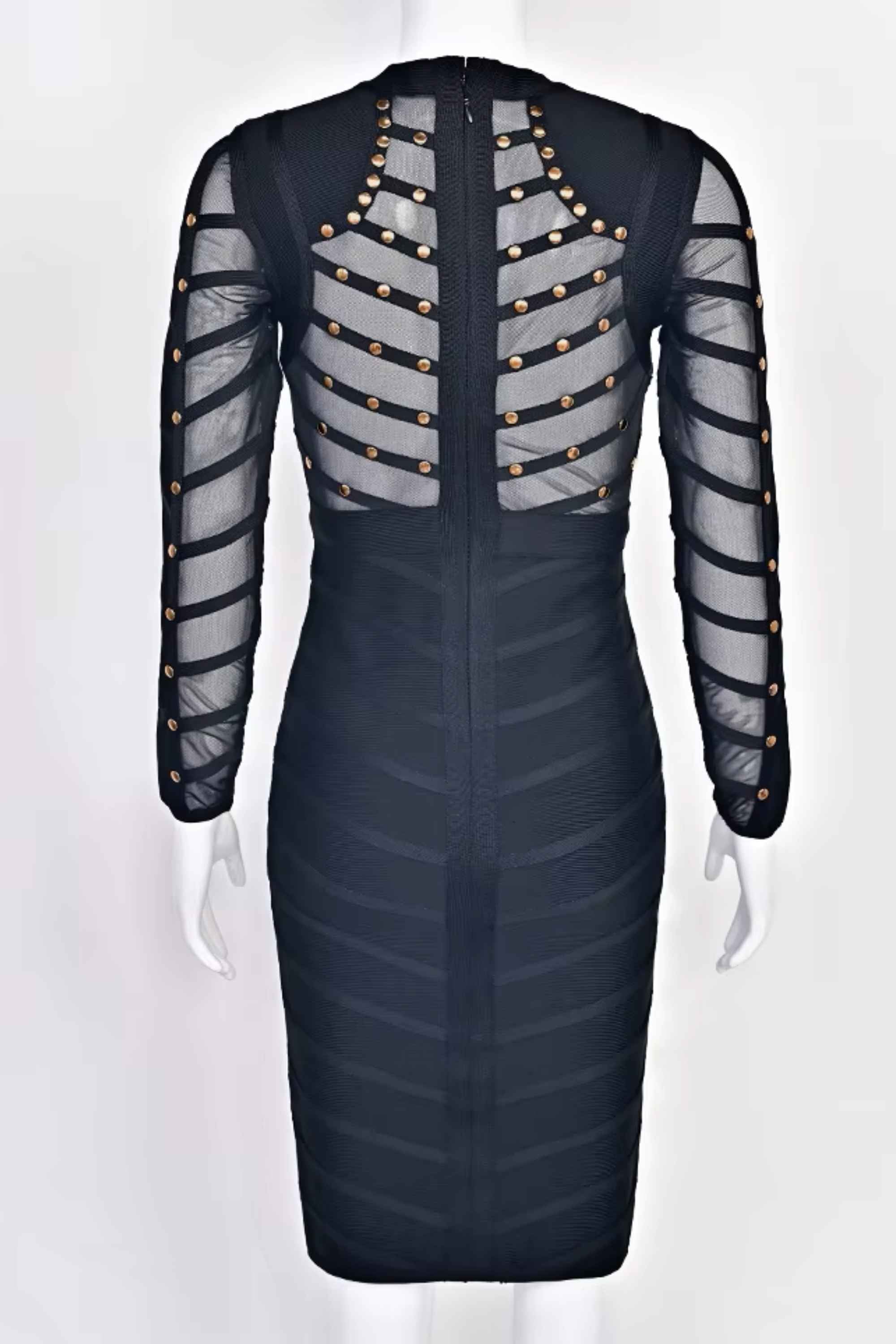 Woman wearing a figure flattering  Rosa Long Sleeve Bodycon Dress - Classic Black BODYCON COLLECTION