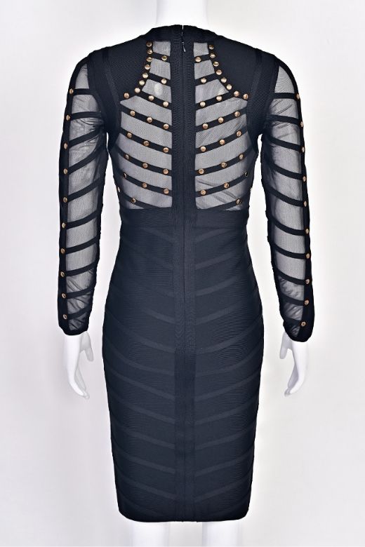 Woman wearing a figure flattering  Rosa Long Sleeve Bodycon Dress - Classic Black BODYCON COLLECTION