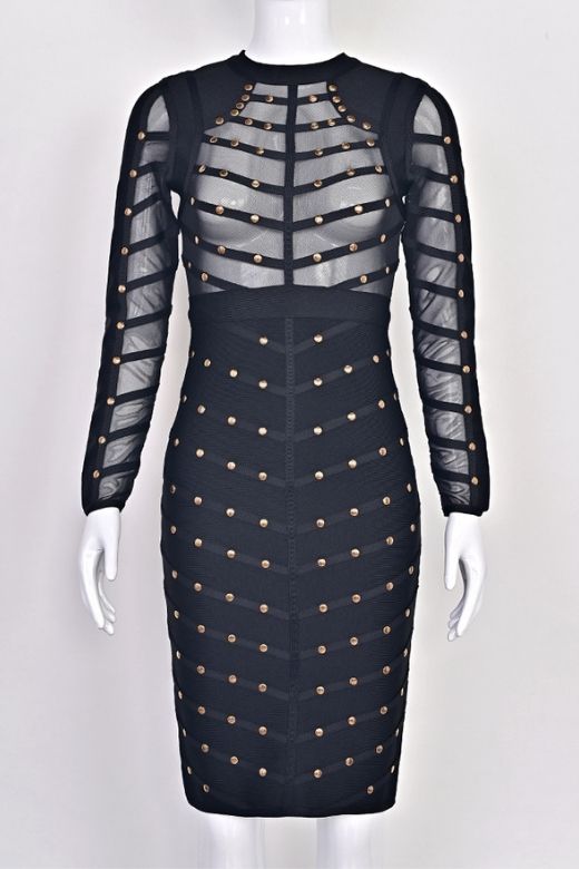 Woman wearing a figure flattering  Rosa Long Sleeve Bodycon Dress - Classic Black BODYCON COLLECTION