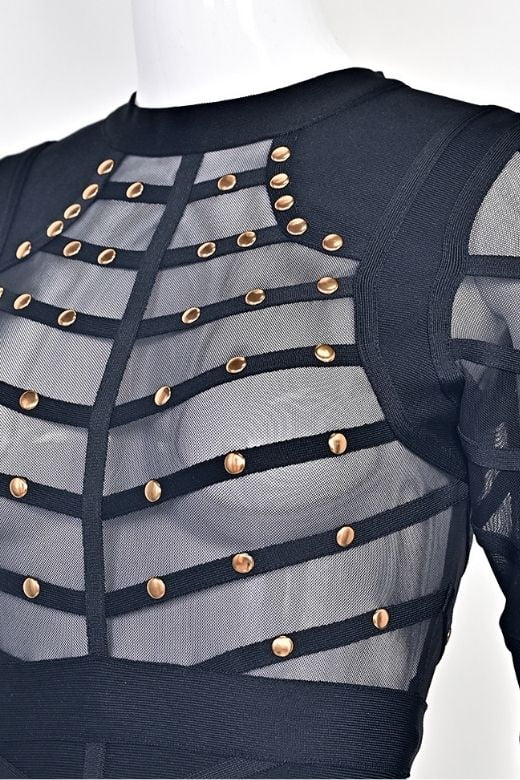 Woman wearing a figure flattering  Rosa Long Sleeve Bodycon Dress - Classic Black BODYCON COLLECTION