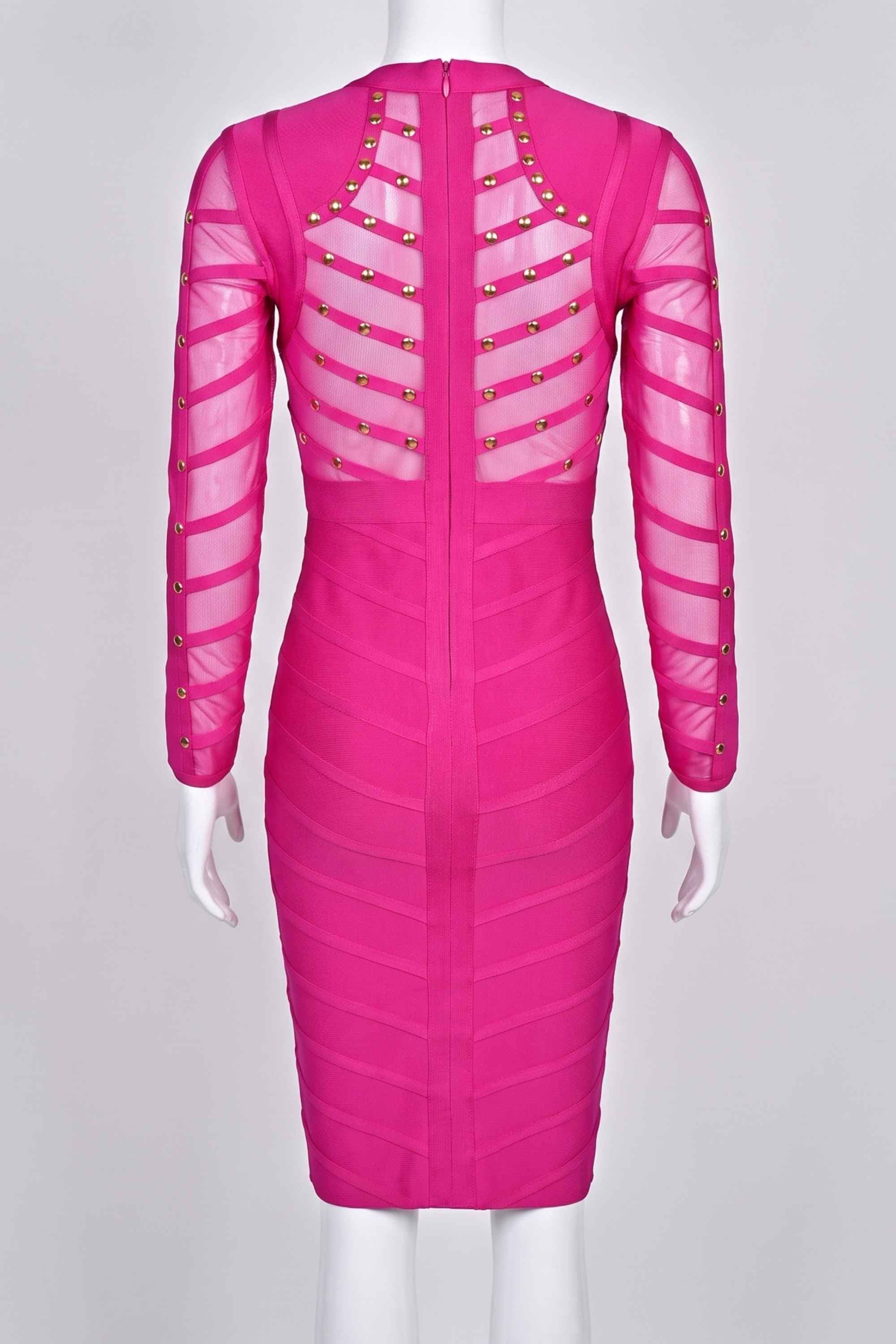 Woman wearing a figure flattering  Rosa Long Sleeve Bodycon Dress - Hot Pink BODYCON COLLECTION