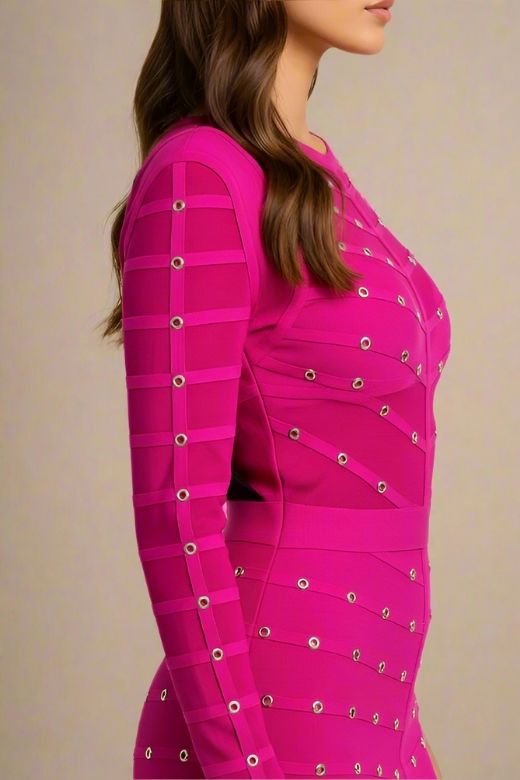 Woman wearing a figure flattering  Rosa Long Sleeve Bodycon Dress - Neon Purple BODYCON COLLECTION