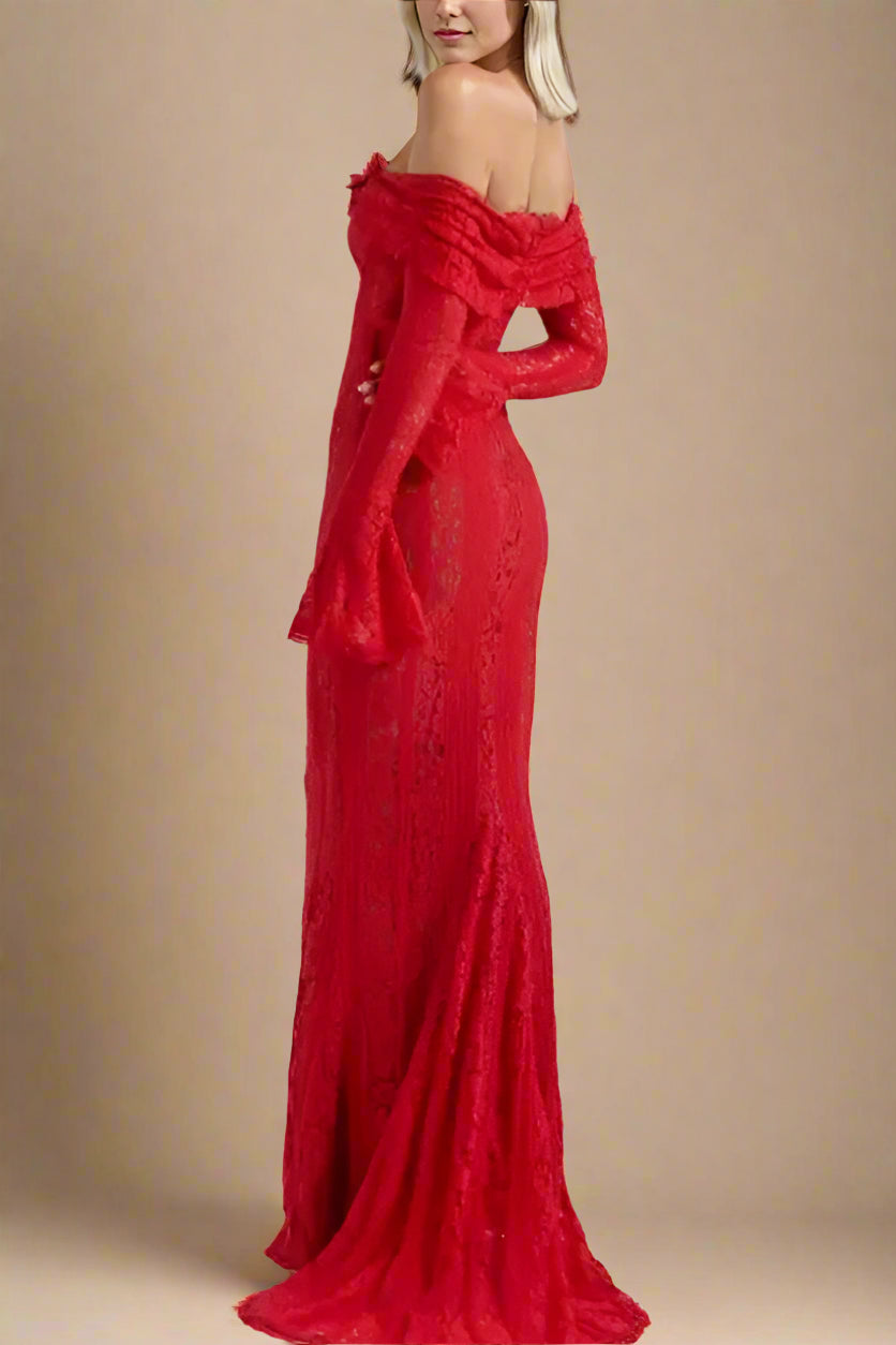 Woman wearing a figure flattering  Rose Long Sleeve Bodycon Maxi Dress - Lipstick Red BODYCON COLLECTION
