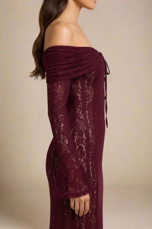 Woman wearing a figure flattering  Rose Long Sleeve Bodycon Maxi Dress - Sangria Purple BODYCON COLLECTION