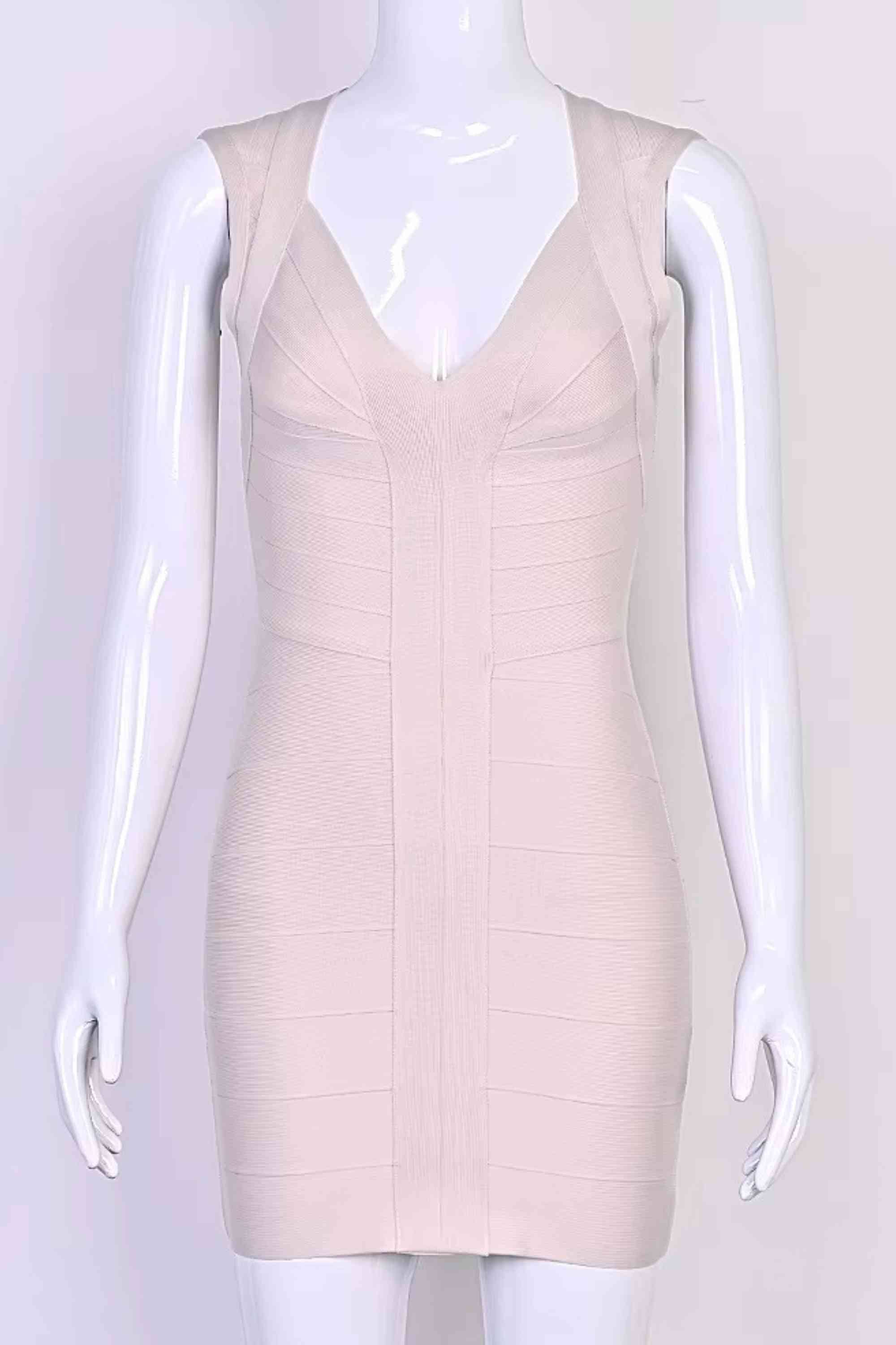 Woman wearing a figure flattering  Sabrina Bandage Mini Dress - Beige BODYCON COLLECTION Pty Ltd