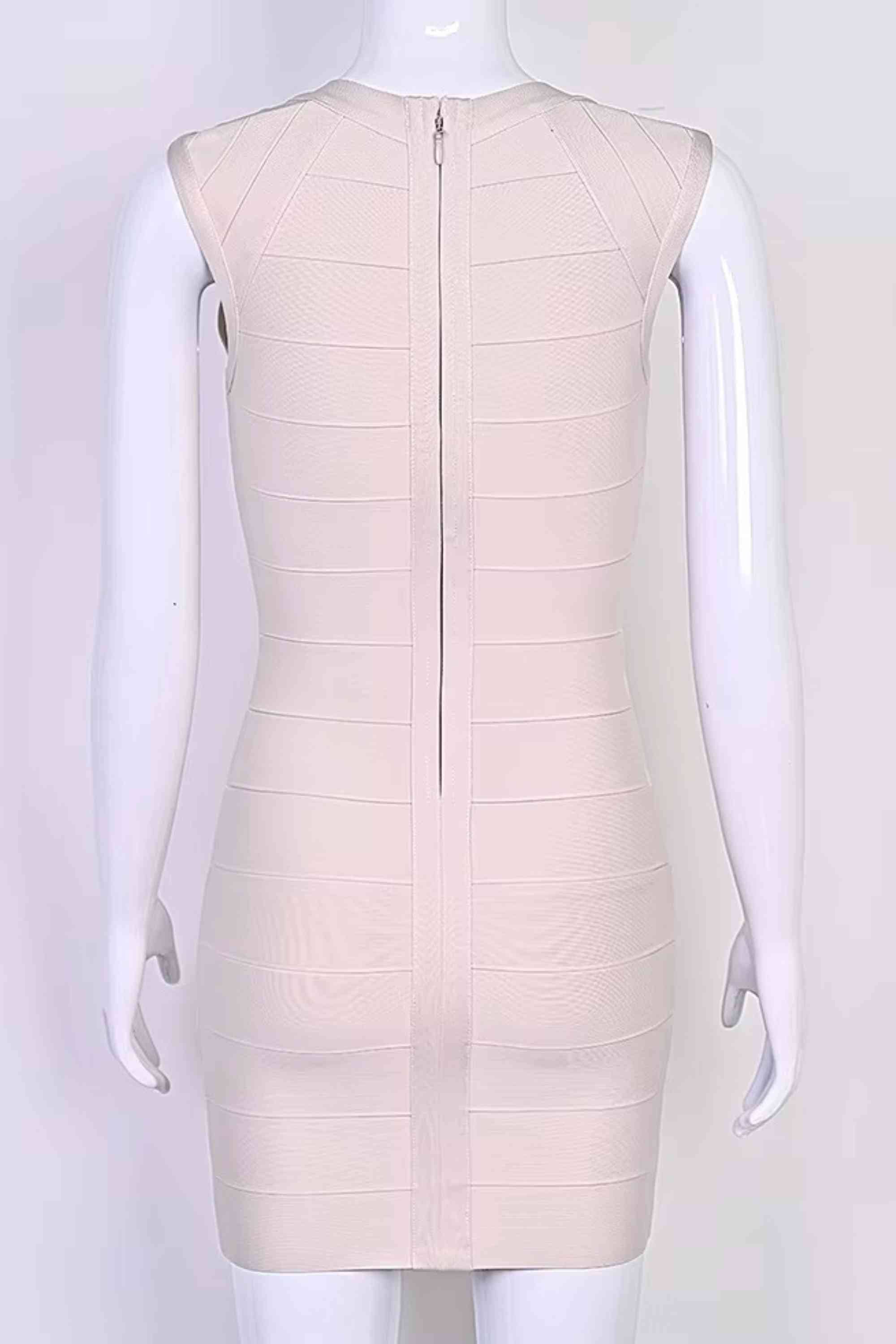Woman wearing a figure flattering  Sabrina Bandage Mini Dress - Beige BODYCON COLLECTION Pty Ltd