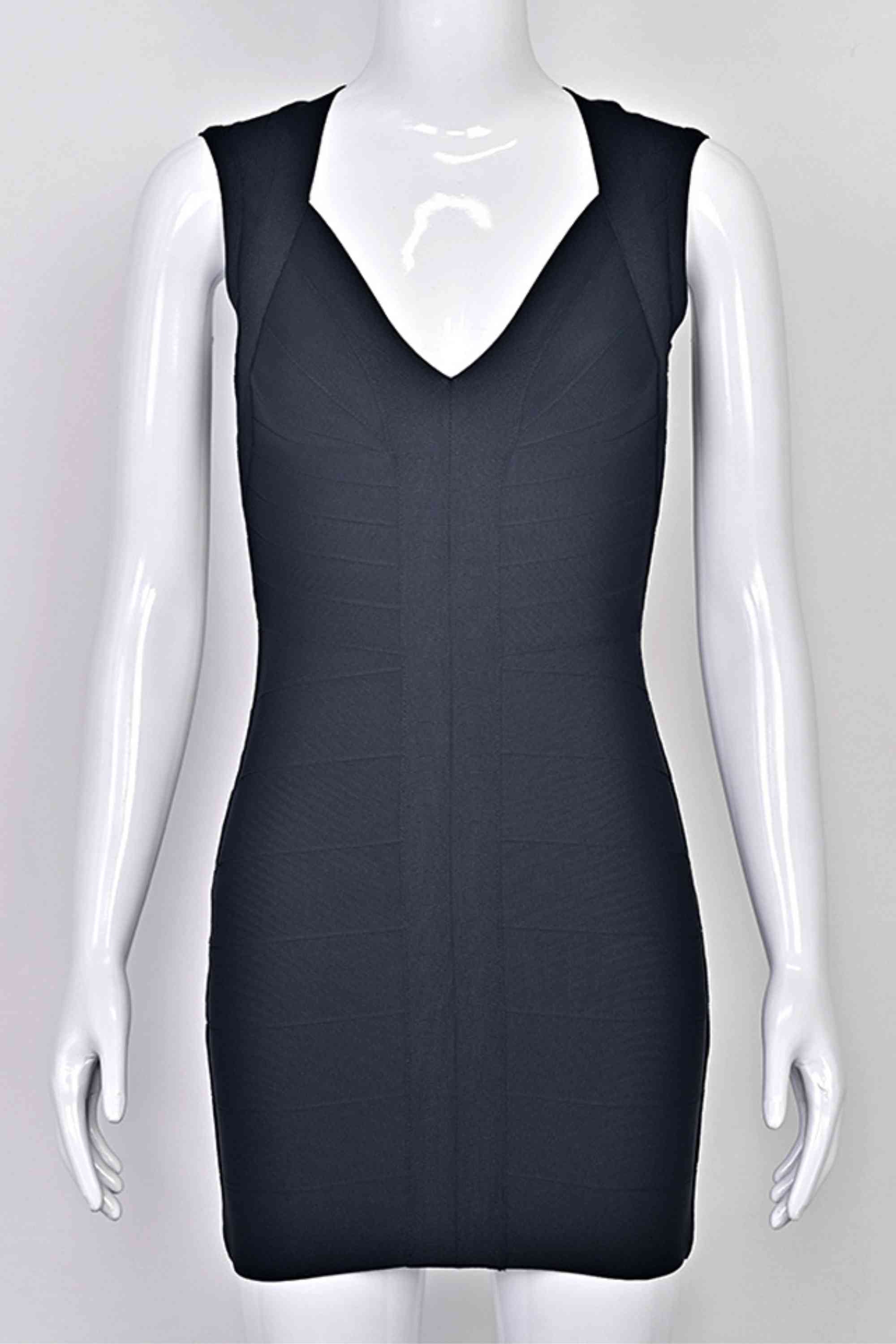 Woman wearing a figure flattering  Sabrina Bandage Mini Dress - Classic Black BODYCON COLLECTION Pty Ltd