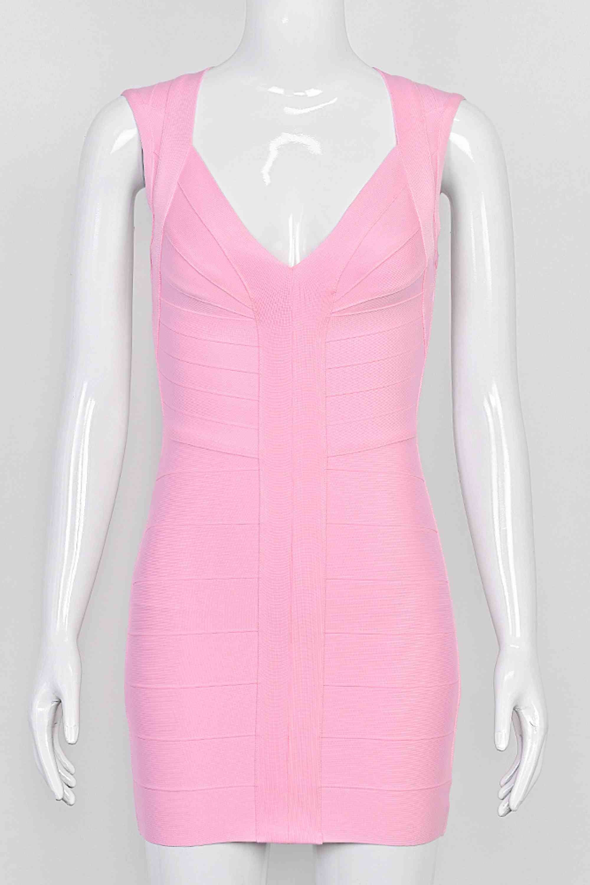 Woman wearing a figure flattering  Sabrina Bandage Mini Dress - Dusty Pink BODYCON COLLECTION Pty Ltd