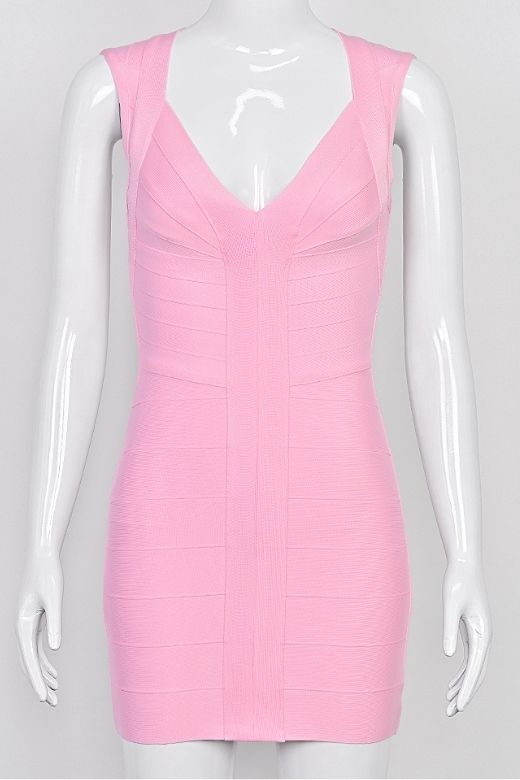 Woman wearing a figure flattering  Sabrina Bandage Mini Dress - Dusty Pink BODYCON COLLECTION Pty Ltd
