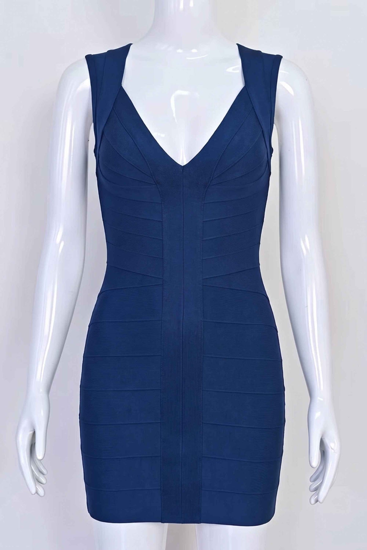 Woman wearing a figure flattering  Sabrina Bandage Mini Dress - Navy Blue BODYCON COLLECTION Pty Ltd