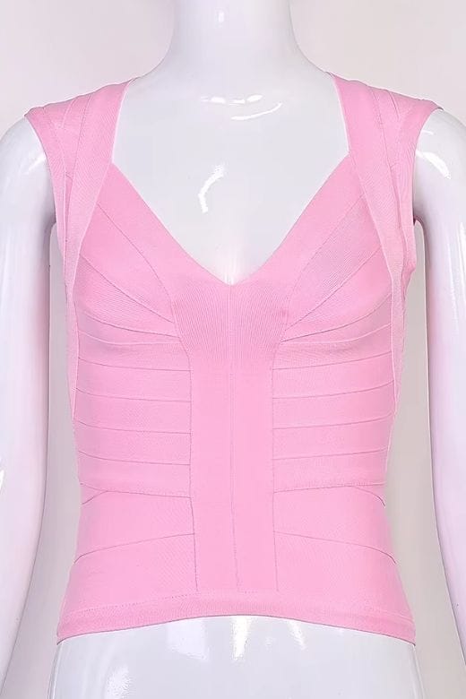 Woman wearing a figure flattering  Sabrina Bandage Top - Dusty Pink BODYCON COLLECTION Pty Ltd