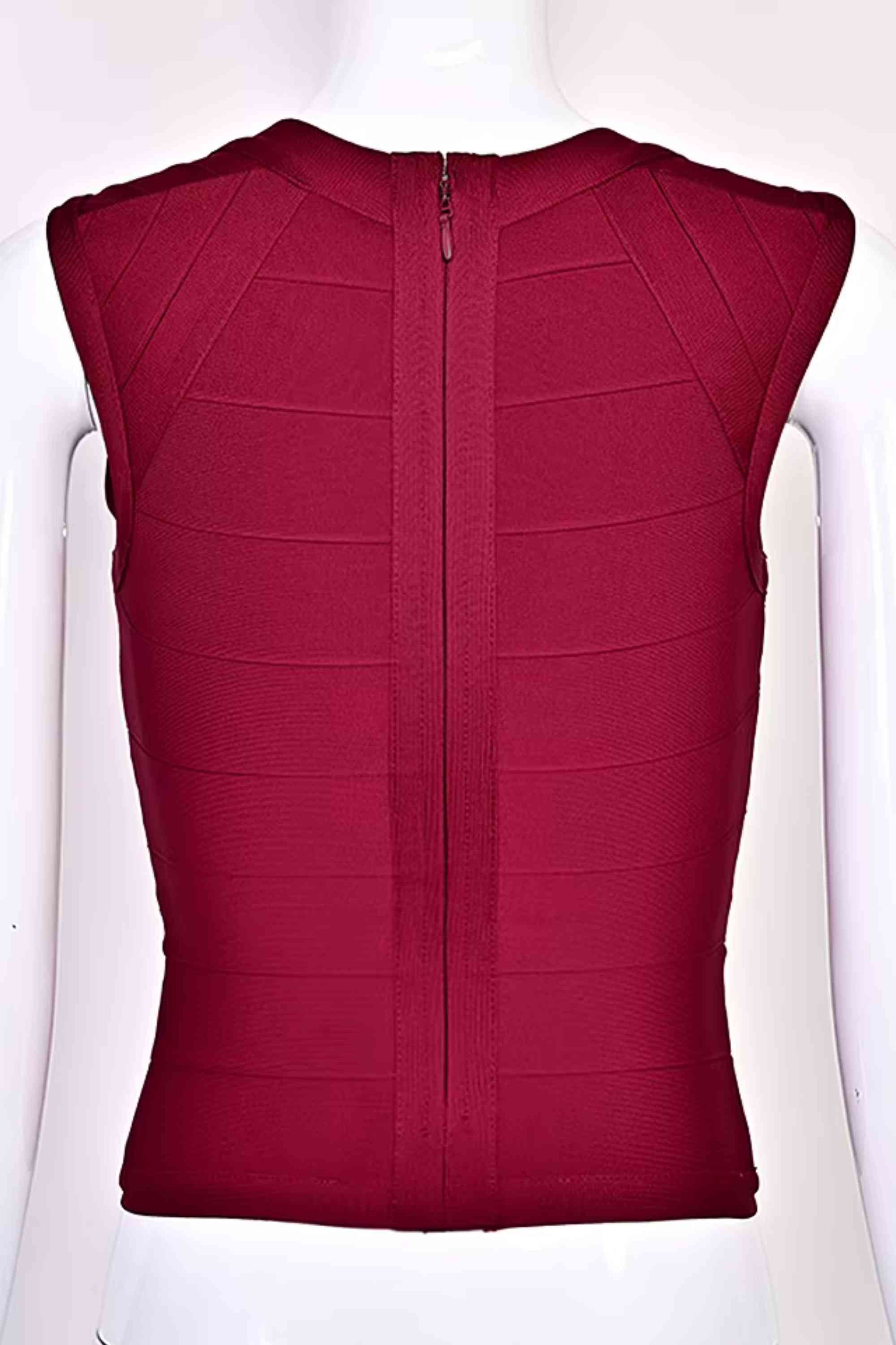 Woman wearing a figure flattering  Sabrina Bandage Top - Red Wine BODYCON COLLECTION Pty Ltd