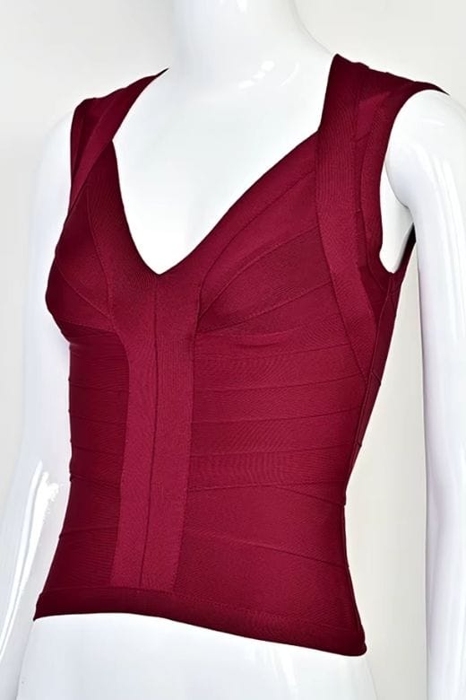 Woman wearing a figure flattering  Sabrina Bandage Top - Red Wine BODYCON COLLECTION Pty Ltd
