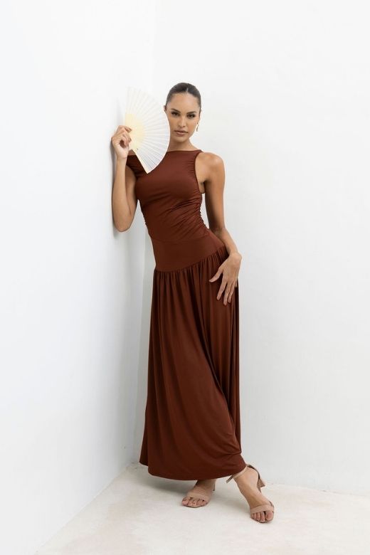 Woman wearing a figure flattering  Saint Bodycon Wrap Maxi Dress - Chocolate Brown BODYCON COLLECTION Pty Ltd