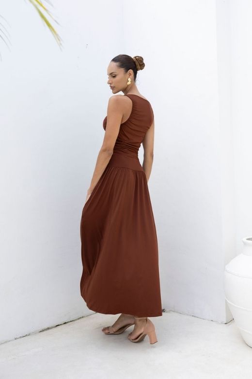 Woman wearing a figure flattering  Saint Bodycon Wrap Maxi Dress - Chocolate Brown BODYCON COLLECTION Pty Ltd