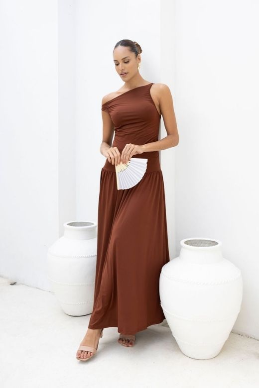 Woman wearing a figure flattering  Saint Bodycon Wrap Maxi Dress - Chocolate Brown BODYCON COLLECTION Pty Ltd