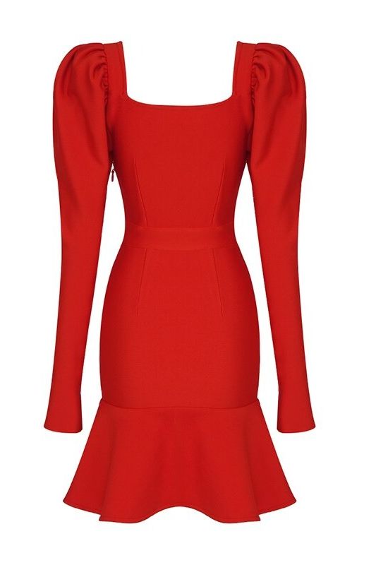 Woman wearing a figure flattering  Sara Bodycon Long Sleeve Mini Dress - Lipstick Red BODYCON COLLECTION