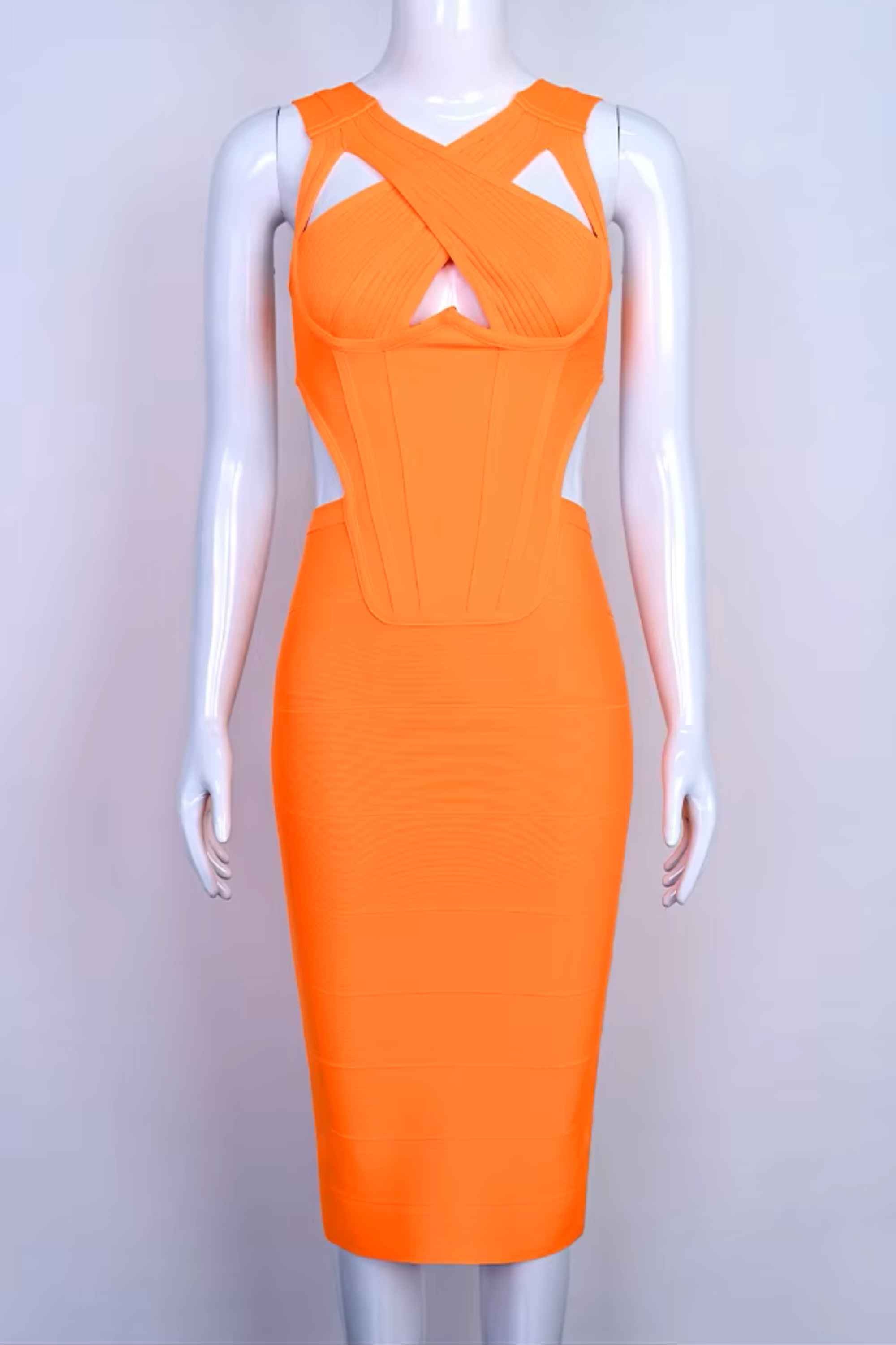 Woman wearing a figure flattering  Sasha Bandage Midi Dress - Apricot Orange BODYCON COLLECTION