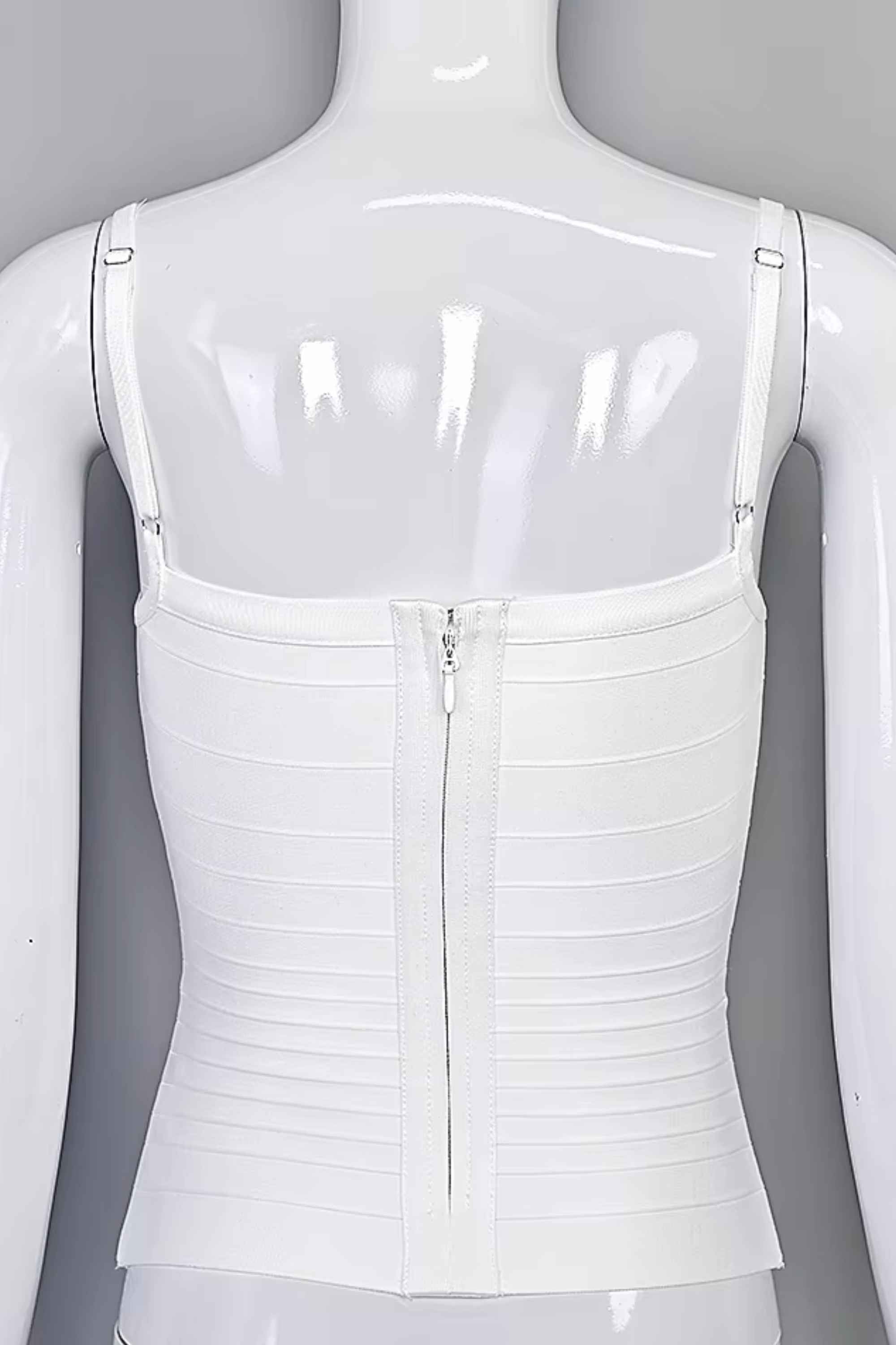 Woman wearing a figure flattering  Scarlett Bandage Tank Top - White Pearl BODYCON COLLECTION Pty Ltd