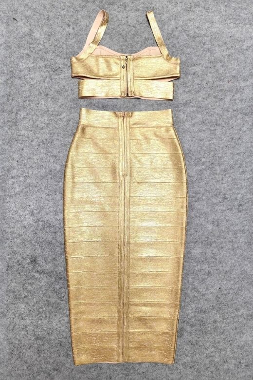 Woman wearing a figure flattering  Selene Bandage Crop Top and Midi Skirt Set - Gold BODYCON COLLECTION Pty Ltd