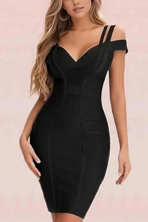 Woman wearing a figure flattering  Sia Bandage Dress - Classic Black Bodycon Collection