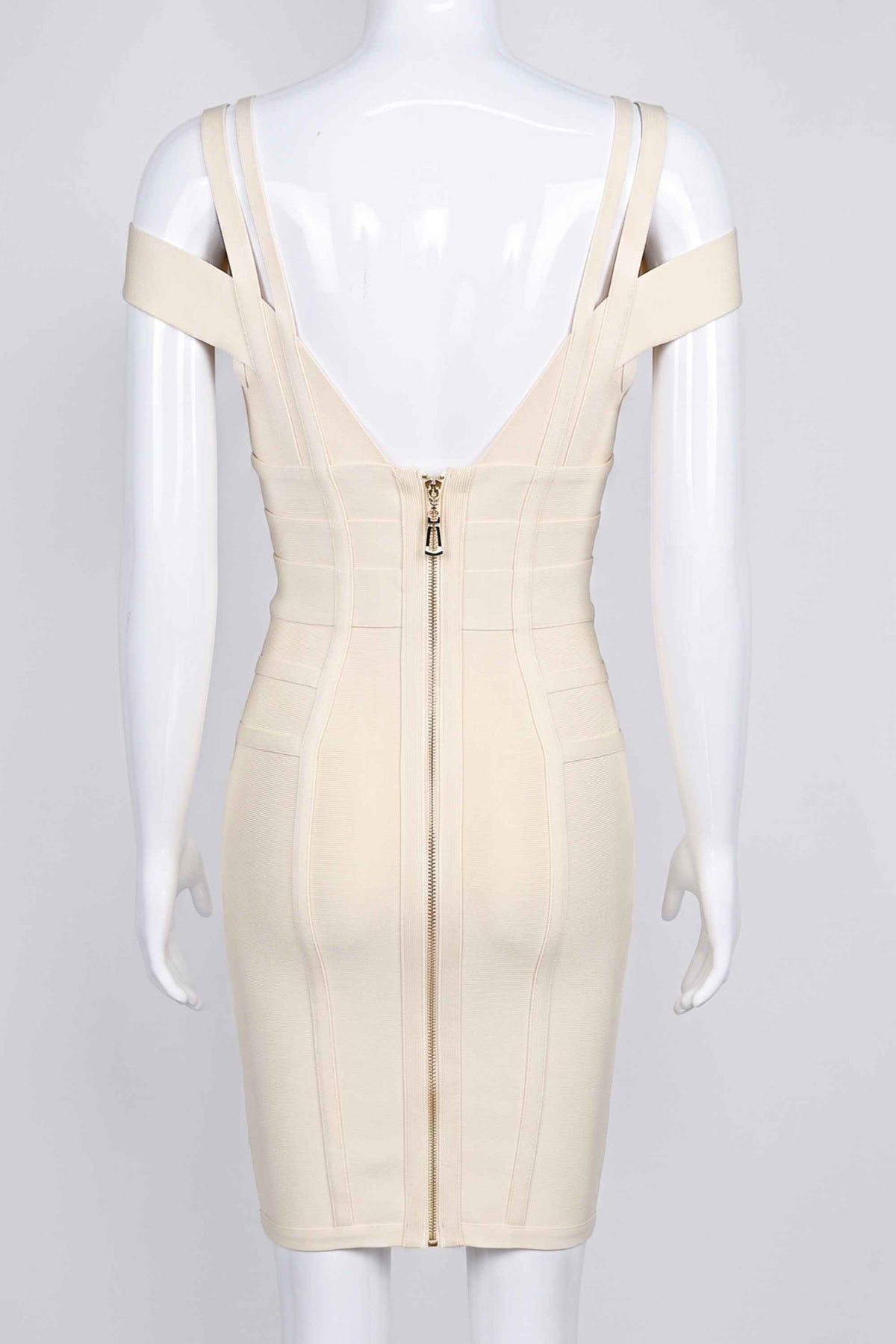 Woman wearing a figure flattering  Sia Bandage Dress - Cream Bodycon Collection