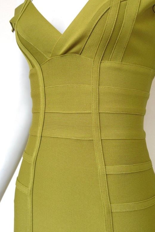 Woman wearing a figure flattering  Sia Bandage Dress - Olive Green Bodycon Collection