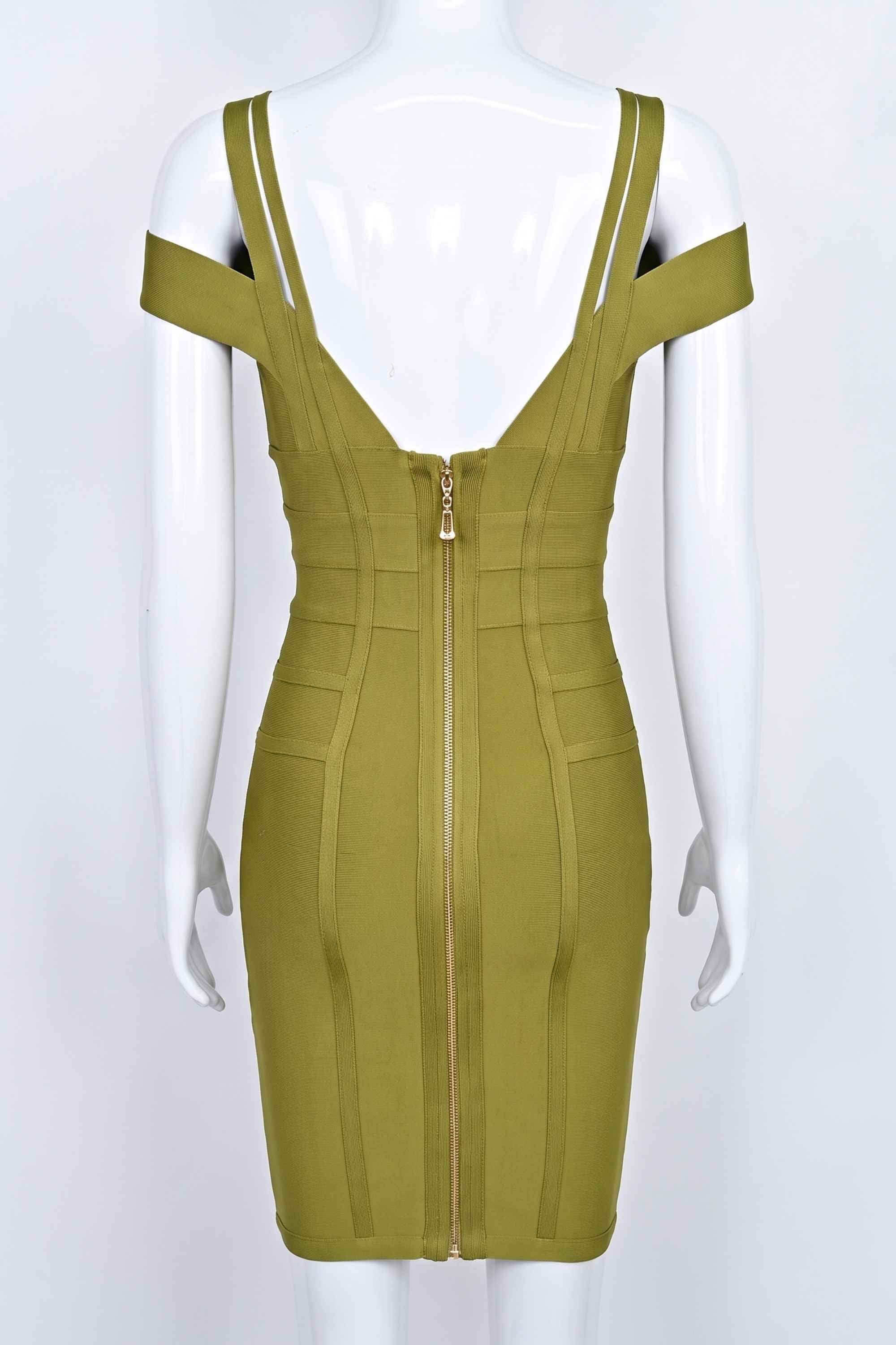 Woman wearing a figure flattering  Sia Bandage Dress - Olive Green Bodycon Collection
