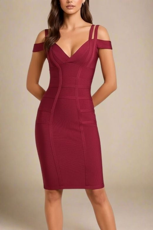 Woman wearing a figure flattering  Sia Bandage Dress - Red Wine Bodycon Collection