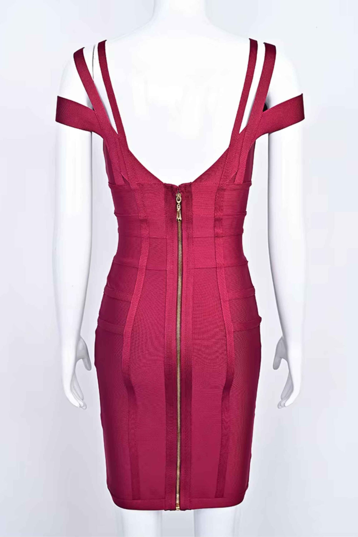 Woman wearing a figure flattering  Sia Bandage Dress - Red Wine Bodycon Collection