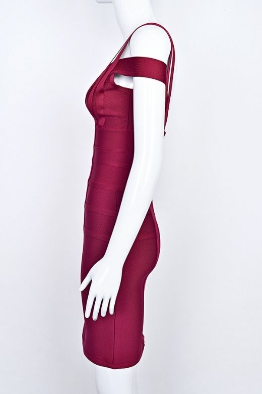 Woman wearing a figure flattering  Sia Bandage Dress - Red Wine Bodycon Collection
