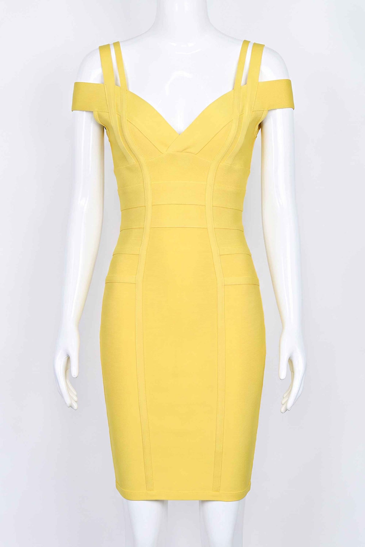 Woman wearing a figure flattering  Sia Bandage Dress - Sun Yellow Bodycon Collection