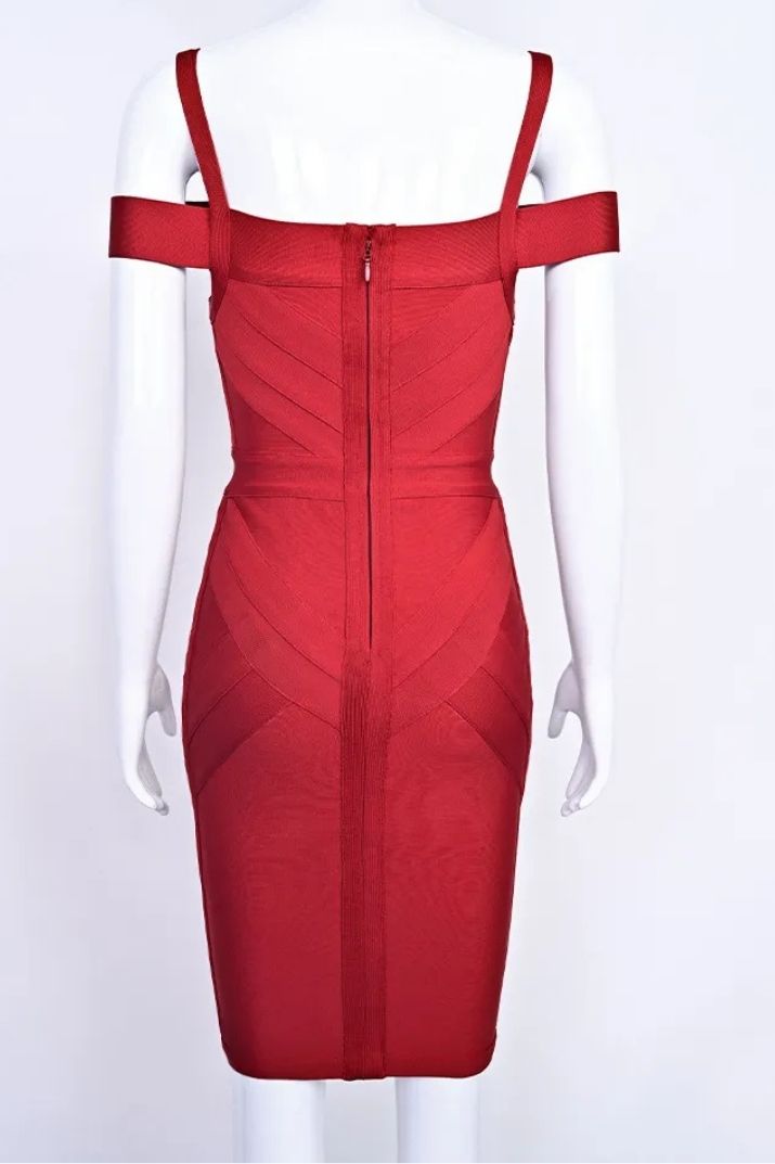 Woman wearing a figure flattering  Sophia Bandage Dress - Lipstick Red Bodycon Collection