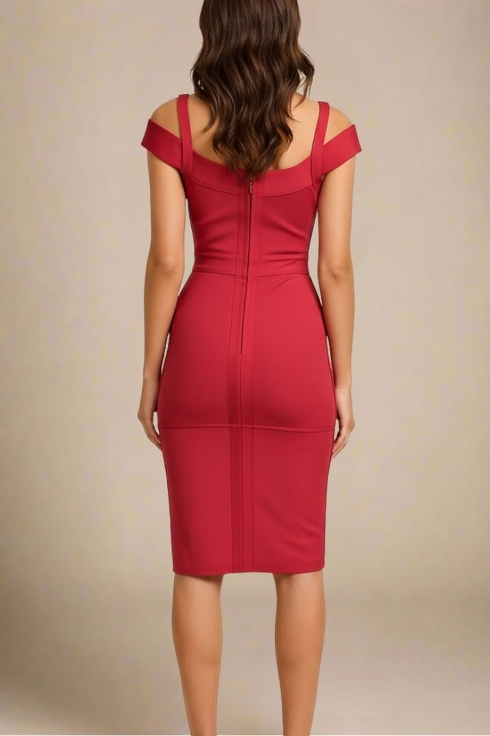 Woman wearing a figure flattering  Sophia Bandage Dress - Lipstick Red Bodycon Collection